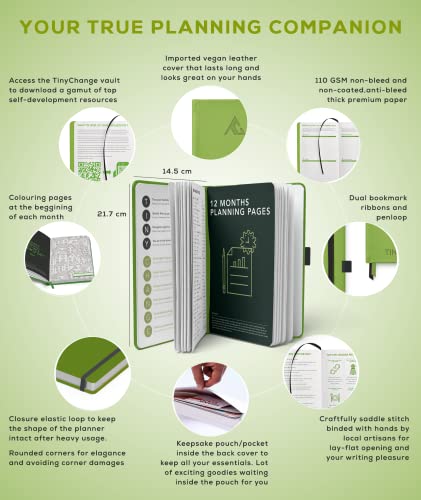 Image of TinyChange Undated Classic Life Planner | A5 Size Diary+ 2 Pocket & Meal Planners | Achieve Goals | Gratitude Journal; Habit Tacker| 100+ Activities & Reminders | 400 Stickers| Green Cover