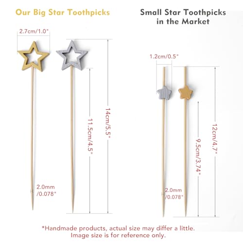 Minisland Big Gold Star Cocktail Picks, 5.5 Inch Long Bamboo Fancy Toothpicks for Appetizers, Decorative Christmas New Year Holiday Party Food Drinks Garnish Fruit Skewer Sticks 50 Counts - MSL430 - Thumbnail 3