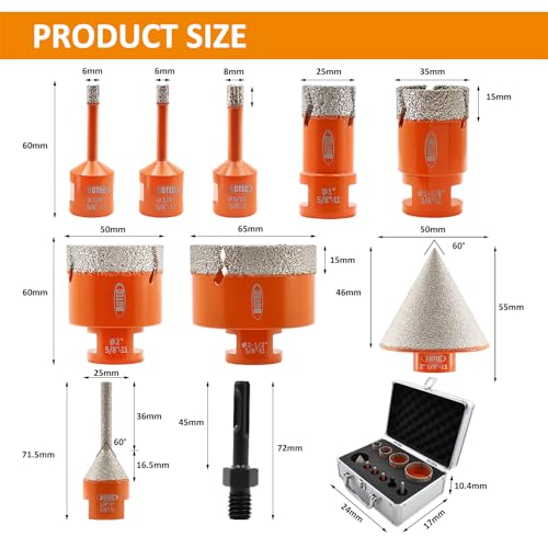 Image of Diamond Core Drill Bit Kit BGTEC Diamond Hole Saw Tile Cutter for Porcelain Tile Ceramic Marble Brick Granite Stone, 5 /8 inch-11 Thread 6 /6 /8 /25 /35 /50 /65mm+6-25mm Finger Chamfer Bit+SDS Adapter