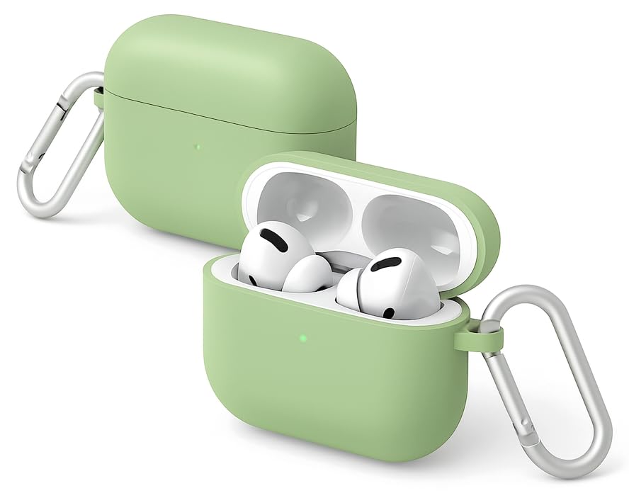 Image of Hybrid Liquid Silicone Case Cover for Apple Airpods Pro 3 (2025), Hard PC, Matte Finish Coating with Heavy Duty Carabiner (Matcha Green, Liquid Silicone)