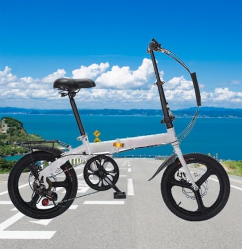 kiwet 折りたたみ変速自転車 、折畳み自転車、14/16 インチ小輪タイプ 、 軽量 高炭素鋼フレーム リアキャリア付き ディスクブレーキ搭載 前後泥除け装備 性 女性 初心者 通勤 通学 街乗り 小中学生 (ホワイト,16 インチ)