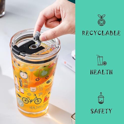 Image of Reusable Glass Coffee Sipper Mugs with Lid & Straw Pack of 1, 450ml Multipurpose Drinking Glasses Tumbler with Leather Sleeve Cup for Juice Smoothies Iced Tea Home & Travel (Dolphine with)