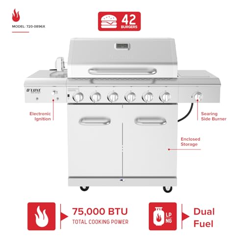Image of Nexgrill Deluxe 6-Burner Propane Gas Grill with Ceramic Searing Side Burner, Stainless Steel Frame, Rotisserie Kit, 60,000 BTUs Output, BBQ Grill Perfect for Outdoor Gatherings - 720-0896X