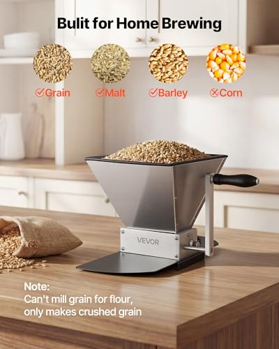 Image of VEVOR Manual Grain Mill, Homebrew Malt Grinder, Adjustable Barley Mill Crusher for Wheat Beer Brewing - with 2 Stainless Steel Rollers, 1.06 Gallon Hopper & Metal Base Plate