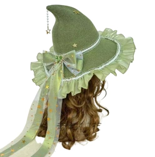 CoBtee Sweet Christmas Witch Hat Magic Hat Flowers Lace Hats Wool Halloween Party Accessory (green)