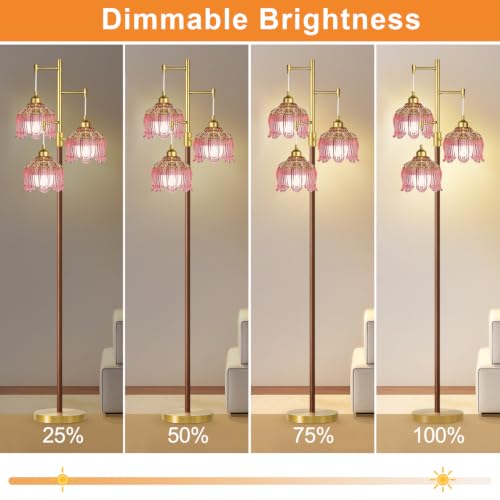 Image of Vintage Floor Lamps for Living Room 3 Light Glass Floor Lamp with Pink Glass Lampshape, Dimmable Flower Floor Lamp Gold Mid Century Modern Standing Lamp Tall Tree Wood Floor Lamp for Bedroom Corner