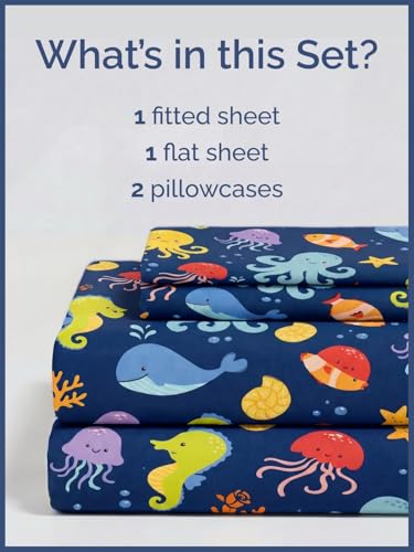 Image of Kids Queen Sea Creatures Bed Sheets - 4 Piece Kids Sea Creatures Sheet Set | Sea Creatures Themed Bedding, Ultra-Soft, Cute & Cozy, Breathable & Machine Washable, Bed Set for Boys, Girls & Teens, Comfy