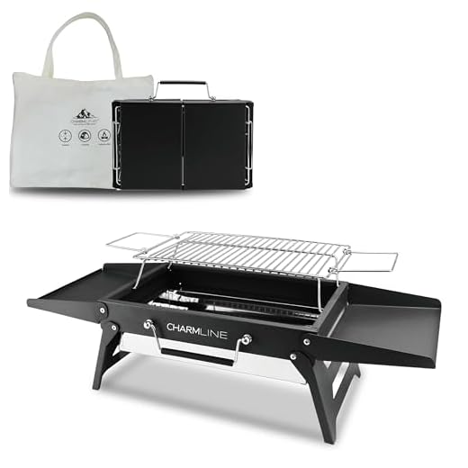 Charmline 34x23cm Griglia a Carbone Portatile Pieghevole, Barbecue Carbonella PortatileCompatta per Uso Esterno, Griglia BBQ per Campeggio, Picnic, Giardini e Feste in Spiaggia, Nero