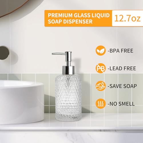 Image of Glass Hand Soap Dispenser Bathroom, Refillable Liquid 12.7oz Soap Dispenser with Rust-Proof Plastic Pump for Kitchen