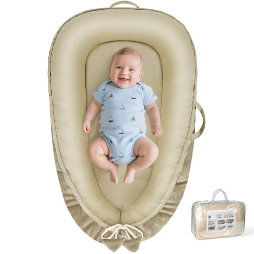 Image of BBWOO Baby Lounger - Baby Lounger for Newborn 0-24 Months, Breathable and Soft Cotton and Velvet Cover Baby Nest, Portable Cozy Infant Lounger for Home and Travel, Ideal Baby Essentials & Shower Gifts