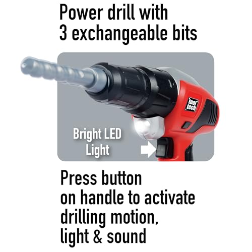 Red Box: Tool Tech: Toy Power Drill - Lights & Sounds, 3 Interchangeable Bits, Removable Battery, Ergonomic Handle, Construction Pretend Play, Kids 3+ - Thumbnail 4