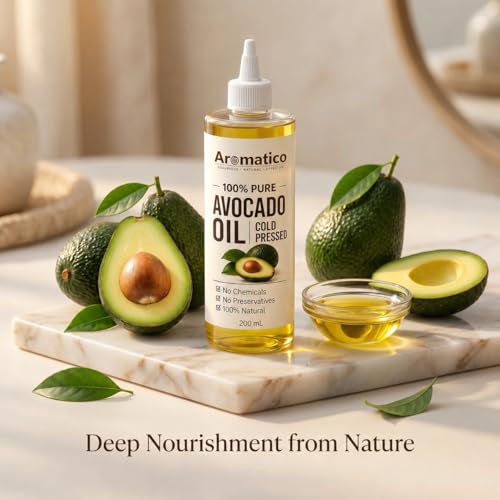 Image of AROMATICO Cold Pressed Avocado Oil for Hair & Skin - Avocado Hair Oil for Deep Conditioning, Dry & Damaged Hair | Nourishing Body Massage Oil | 200ml