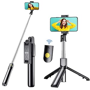 Gritin Bluetooth selfiestick-statief, 3-in-1 uittrekbare selfiestick met draadloze afstandsbediening, draagbare telefoonhouder met draagtas voor smartphones van 4,7 tot 6,5 inch