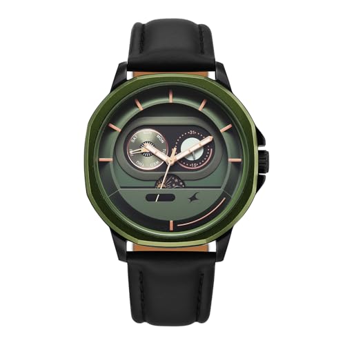 Image of Fastrack Street Opulence Sun Moon Multifunction Quartz Analog with Green Dial Black Genuine Leather Strap Watch for Men - 3303KL01