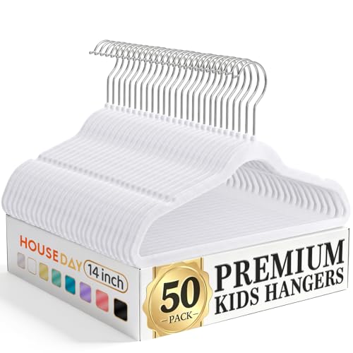 HOUSE DAY 14 Inch Kids Velvet Hangers 50 Pack, Durable Big Kids Hangers for Youth,Teen, Non Slip Kid Felt Hanger, Cute Childrens Hanger for Closet, White