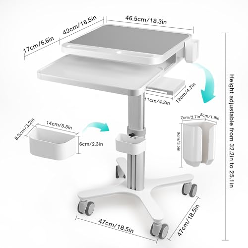 Kalolary Medical Trolley Cart,Height Adjustable Medical Laptop Workstation Trolley Cart with Wheels Dental Clinic Carts with Laptop Pallet,Oral Scanner Holder,Keyboard Holder&Storage Box for Hospital