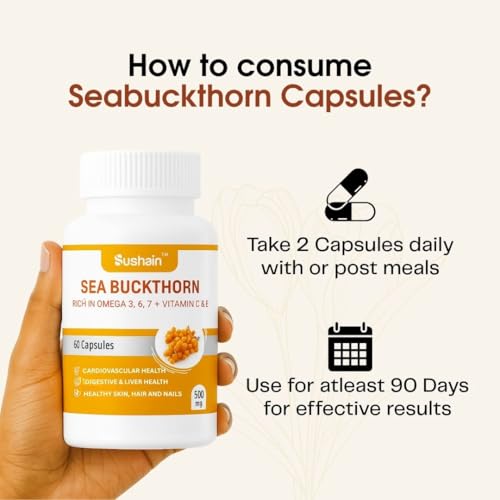 Image of Sushain Sea Buckthorn Capsules | Omega 3, Omega 6, Omega 7, Omega 9 + Natural Vitamin C | Liver, Heart & Skin Health | Immunity & Antioxidant Support | Ayurvedic Supplement