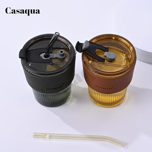 Image of Glass Coffee Sipper Mug with Leather Grip, Clear Drinking Glasses Tumblers with Straws and Lids for Iced Tea, Juice, Cocktail, Smoothies Drinks Cups (400ML, Pack of 1)