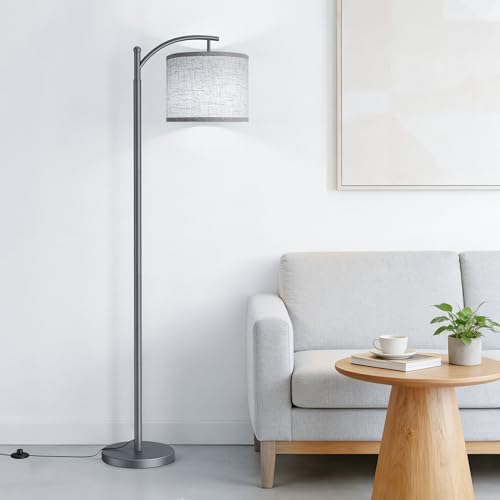 Image of Floor Lamp for Living Room with 3 Color Temperatures LED Bulb, Standing Lamp Tall Industrial Floor Lamp Reading for Bedroom, Office (9W LED Bulb, Beige Lampshade Included) -Grey