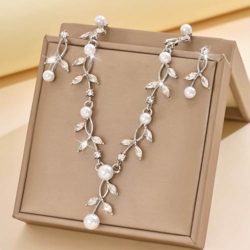 Unicra Gold Pearl Necklace Earrings Sets Rhinestone Bridal Wedding Jewelry Set Formal Prom Costume Jewelry Sets for Women and Brides2