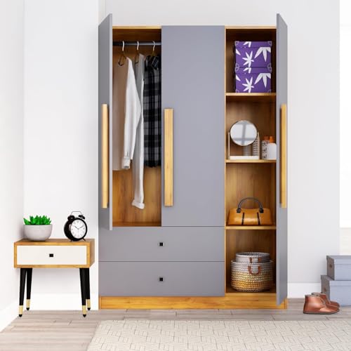Image of Bniture Wooden Almirah for Clothes, Door for Bedroom, 3 Door Wardrobe with 2 Drawer & Hanging Space (40D x 120W x 180H CM) | 3 Year Warranty (Slate Grey)