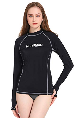 NeopSkin Rash Guard for Men Women, UPF50+ Sun UV Protection Long Sleeve Rashguards Shirt Athletic T-Shirt for Running Swimming Surfing Yoga (Women's Black, Women's Medium)