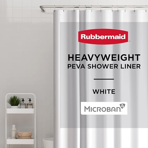 Rubbermaid White Shower Curtain Liner Waterproof Heavyweight 8g PEVA Shower Liner for Bathroom with Weighted Magnets and Rustproof Black Grommets 70x72 Standard Size White