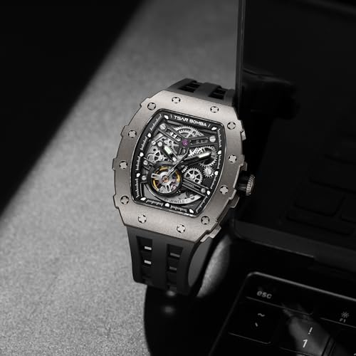 Image of TSAR BOMBA Men's Automatic Watch Tonneau Luxury Skeleton Watches for Men Mechanical 50M Waterproof Analogue Watches Mens Unique Cool Square Big Face Dial Wristwatch with Silicone Strap Band