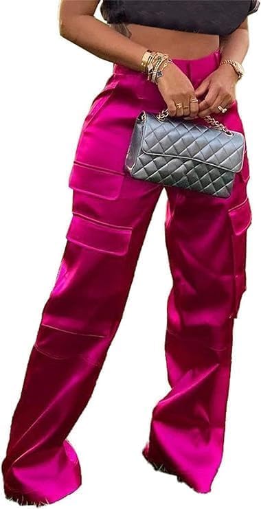 Satin Cargo Pants for Women High Waisted Multiple Pockets Wide Leg Trouser - Image 2