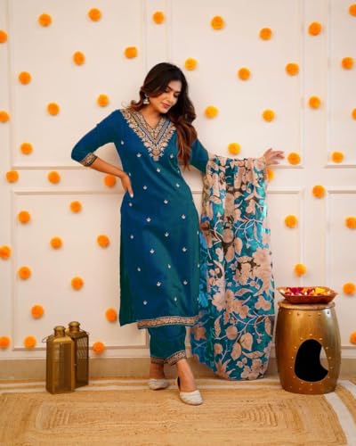 Image of Women Afghani Viscose Rayon Kurta Pant Dupatta Set with Embroidered Neck Work and Floral Print Organza Dupatta | Ethnic Straight Suit Set