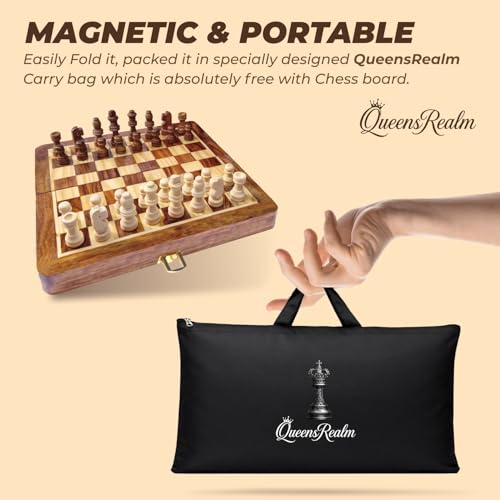 Image of QueensRealm 14 Inch Wooden Handmade Magnetic Chess Board Set with Magnetic Pieces | Premium Foldable Chessboard for Kids & Adults Ideal for Indoor Outdoor Chess Set (14 x 14 Inches Sheesham Wood)