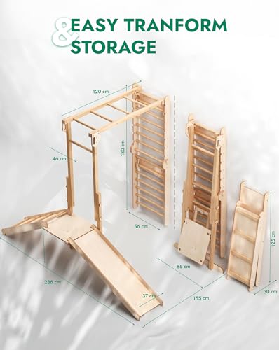 Image of 9-in-1 Wooden Indoor Climbing Frame for Children, Montessori-Inspired Climbing Set with Wall Bars, Monkey Bars, Pull-Up Bar, Rings, Swing, Rope Ladder, Climbing Board, Slide & Platform