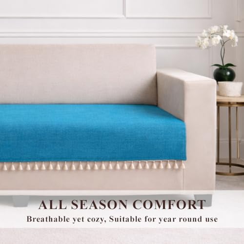 Image of STITCHNEST Jute Sofa Cover - Blue, 70x30 Inch | Soft Textured Fabric with Tassel| Sofa for Living Room Decor