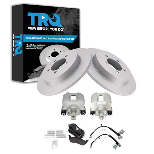 Image of TRQ Rear Brake Pad and Rotor Set Semi Metallic Coated Rotors Calipers Compatible with 2006-2010 Ford Explorer 2007-2010 Explorer Sport Trac Mercury Mountaineer