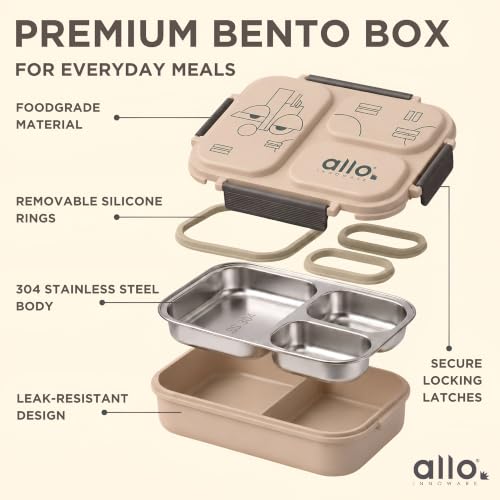 Image of Allo Bento Stainless Steel Lunch Box for Adult- BIS Approved, 304 Stainless Steel 3 Compartment Leakproof Tiffin Box for Boys and Girls for School, Travelling, Office, 740ml Beige