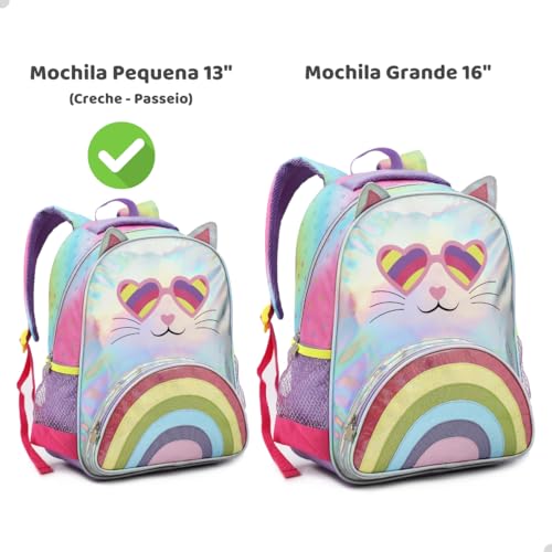 Mochila Unicornio Gatinho Escolar Creche Passeio Pequena Infantil Menina (Rosa Arco-íris)