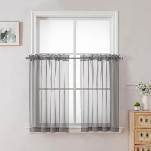 Image of Chyhomenyc Sheer Curtains Tiers 42W x 24L Inches, Light Filtering Small Curtains, Short Bathroom Living Room Cafe Basement Voile Window Curtain, Rod Pocket, 2PCS, Charcoal Grey