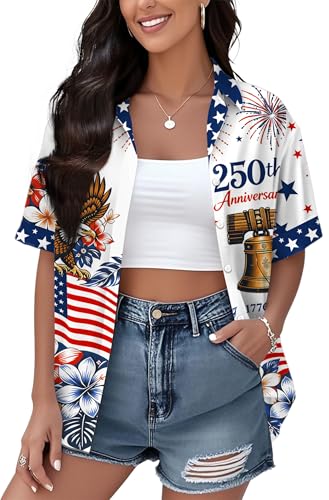 Image of Ithalt 4th of July Hawaiian Shirts Women American Flag Patriotic Short Sleeve Button Down Outfits Summer Vacation Tops