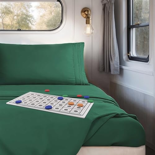 Image of Nestl Dark Green Short Queen Sheets for RV, Hotel Luxury RV Queen Sheets Set, 4 Piece Fitted Bed Sheet Set and Pillowcases, Super Soft, Wrinkle-Free, and Breathable Camper Bedding