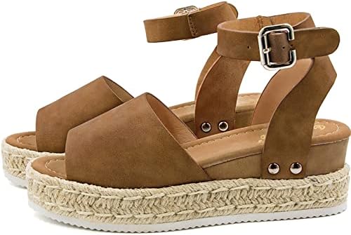 Athlefit Women's Platform Sandals Espadrille Wedge Ankle Strap Studded Open Toe Sandals Size 8 Brown