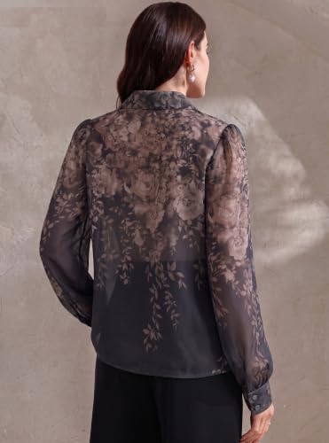 Image of Women Georgette Regular Fit Shirt || Women Top ||Autumn Leaves Print Polo Collar Shirt, Casual Long Sleeve (S-22-25)