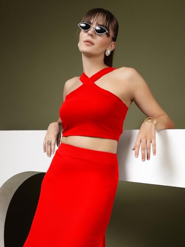 Image of OOMPH! Women Stretchable Relaxed Fit Crop Top With Stylised Shoulder Straps