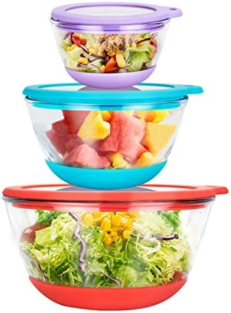 MR.CHOU Glass Mixing Bowl Set of 3 with BPA Free Airtight Lid, Nesting Bowls with Non-slip Silicone Bottom, Large Mixing Bowls for Food Storage, Whipping, Dishwasher & Microwave Safe, 2.2, 1.1, 0.5 QT