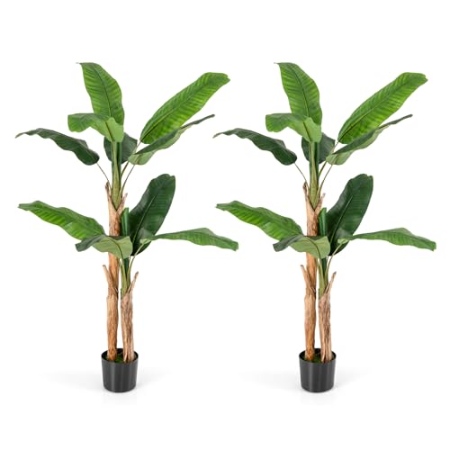 Goplus 5.5 FT Tall Artificial Banana Tree, 2 Pack Fake Banana Tree w/ 10 Large Leaves, Double Stalks, Natural Bark, Free Maintenance, Greenery Potted Plant for Home Living Room Office Decor