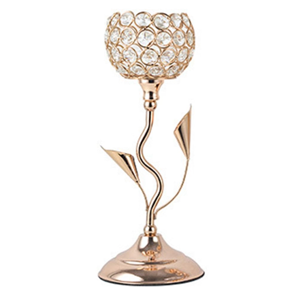 CTRLZS Gold Crystal Candle Holder, Iron Flower Shaped Candlestick for Table Centerpiece, S