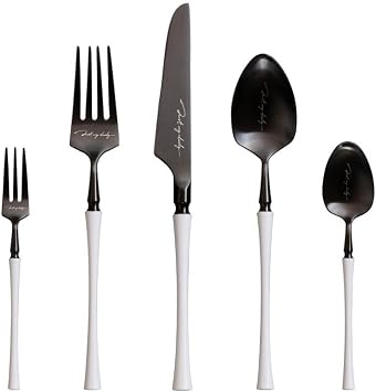 Luxury Silverware Flatware Set, 5/20/30/40/50/60 Pieces Creative Knife Fork and Spoon Set, White Black 18/10 Stainless Steel Steak Knives Tea Spoons Forks for Home Kitchen Gift