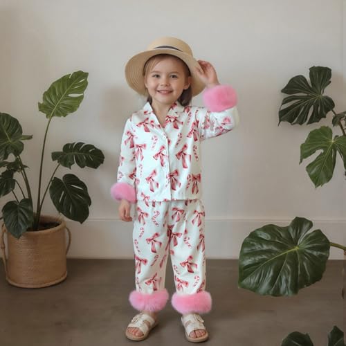 Toddler Baby Girls Silk Satin Pajamas Set Feather Trim Long Sleeve Botton Shirt Tops Pajama Pant Fuzzy Lounge Pjs2