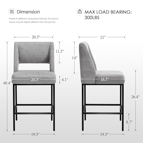 Image of Zesthouse Upholstered Counter Height Stools Set of 4, 26 inch Oversized Bar Stools with Wide Back, Metal Barstools Heavy Duty 300 Lbs, Modern Counter Height Chairs for Kitchen Island, Gray Linen Fabric