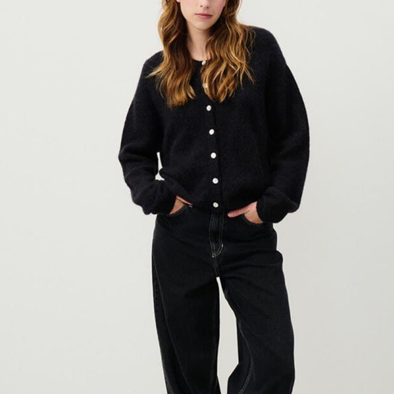 Image of Women Button Down Cardigan Long Sleeve Crewneck Sweater Vintage Lightweight Knit Jacket Fall Going Out Top