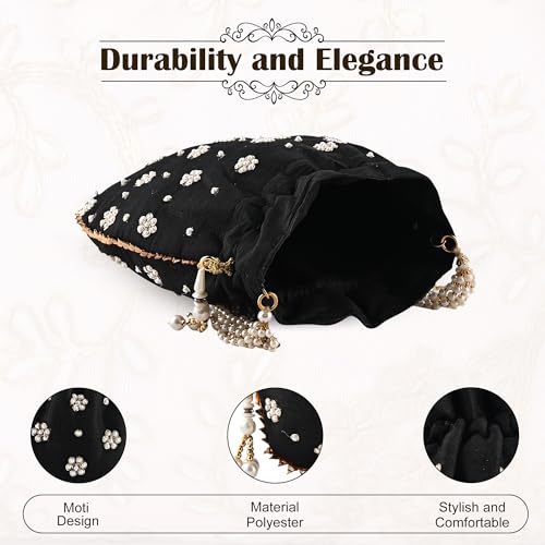 Image of Kuber Industries Potli Bags for Ladies & Girls | Women Shagun Pouches for Festive Seasons | Batwa Bag Bridal Purse With Moti Design - Black